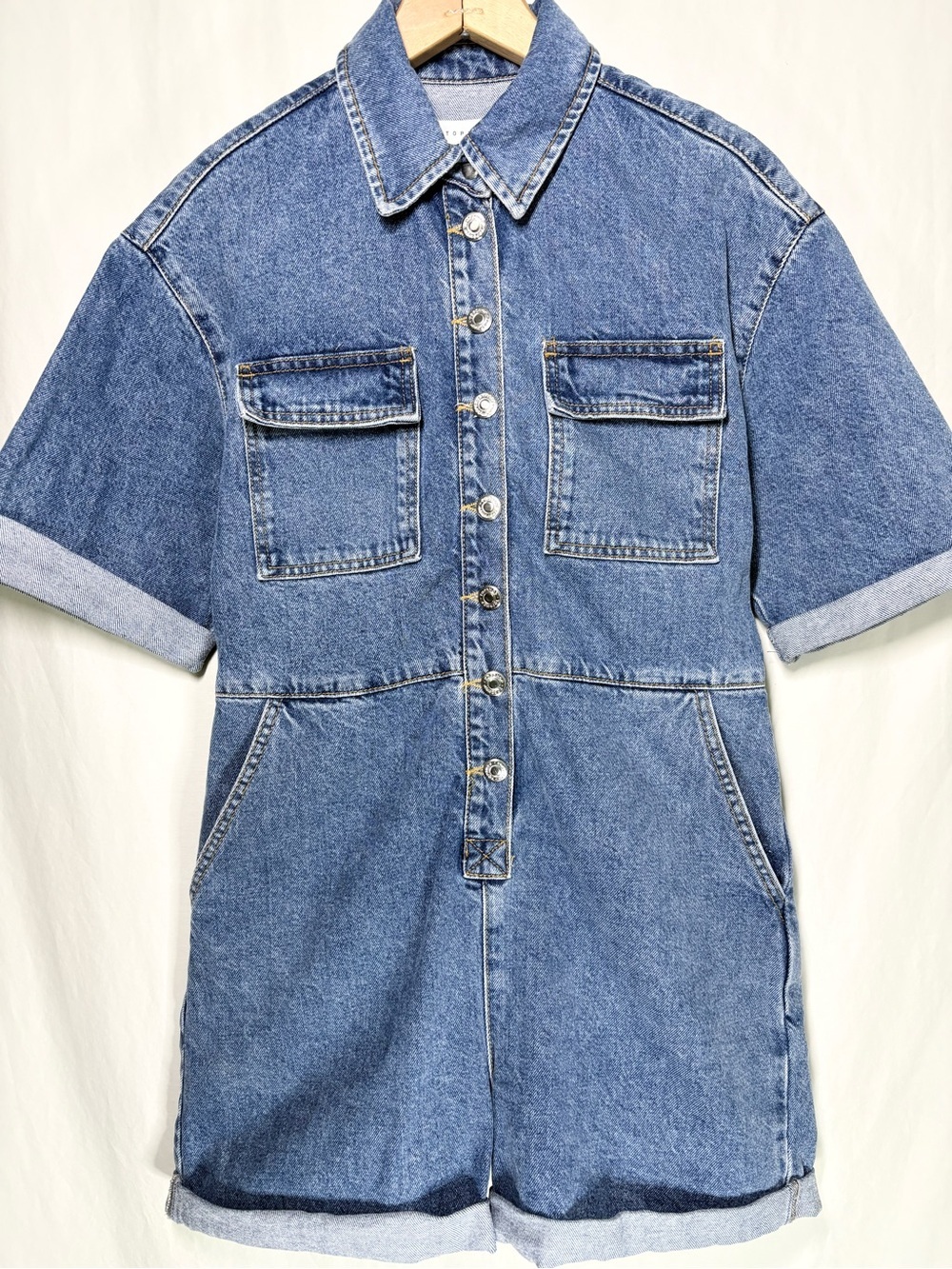 Topshop Acid Wash Denim Utility Romper Button Front Short Sleeve US 2